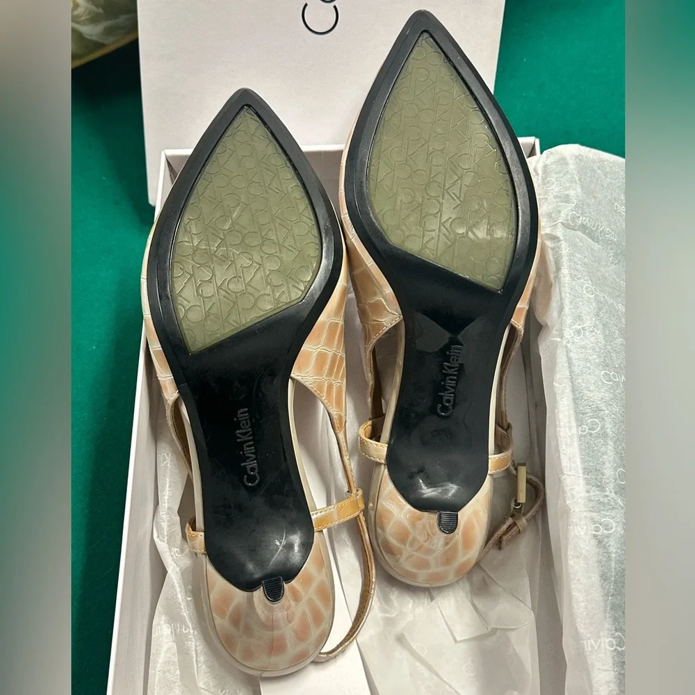 Calvin Klein Beige Croc-Embossed Slingback Heels